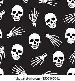 Skull and skeleton hand seamless pattern on black background. halloween skull pattern background. vector illustration