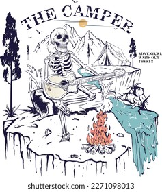 Skull, skeleton holding guitar, singing with joy and enjoying the nature, the mountain the tree, the water stream, the camp, the fire and his own company.