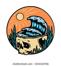 Skull Skeleton Horror Halloween Summer Beach Graphic Illustration Vector Art T-shirt Design