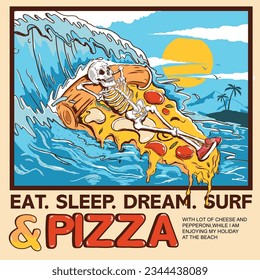 Skull, skeleton, lying on a slice, and surfing on big wave, on a sunny day, he also dreaming of cheese peperoni, sausage, mushroom toppings on his pizza, on a holiday.