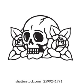 Skull skeleton in roses on white background