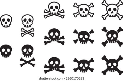 skull skelton pirate bone crossbones halloween danger warning caution cartoon silhouette set vector illustration graphic design art flat icon symbol sign dark shadow