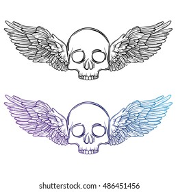 skull sketch drawing. Line art illustration of a winged skull. Hand drawn vector tarot card. Sketch for dotwork tattoo, hipster t-shirt design, vintage style posters. death symbol