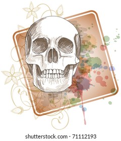 Skull sketch & floral calligraphy ornament - a stylized orchid, color paint background