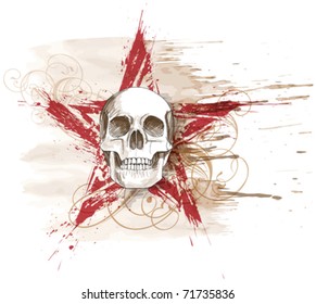 Skull sketch & red grunge star, floral calligraphy ornament, watercolor background