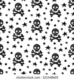 Skull sketch white and black vector seamless pattern. Background Halloween.