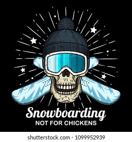 Skull in ski goggles, black cap and crossed snowboard. Cartoon skull