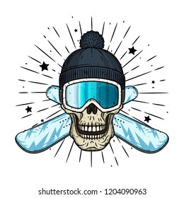 Skull in ski goggles, black cap and crossed snowboard. Cartoon skull