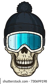 Skull in ski goggles and hat. Cartoon skull