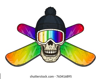 Skull in ski goggles, hat and crossed snowboard. Cartoon skull