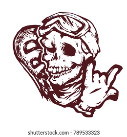 Skull with ski goggles, snowboard and glove. Cartoon skull sketch. Snowboarding skeleton hand drawn design for t-shirt Design and Other Uses. Vector Label of Extreme Witer Sport.