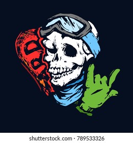 Skull with ski goggles, snowboard and glove. Cartoon skull sketch. Snowboarding skeleton hand drawn design for t-shirt Design and Other Uses. Vector Label of Extreme Witer Sport.