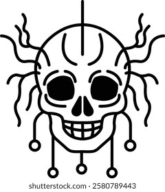 A skull with a smile on it. The skull is surrounded by a web of wires and has a black and white color scheme