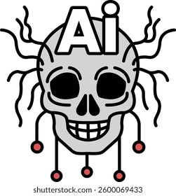 A skull with a smile on it and the letters AI above it. The skull is surrounded by red beads and the letters AI are in white