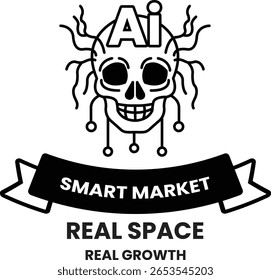 A skull with a smile on it and the word AI above it. The skull is surrounded by a ribbon that says "real space real growth"