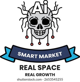 Skull with a smile on it and the words "real space real growth" underneath. The skull is smiling and the words are in blue