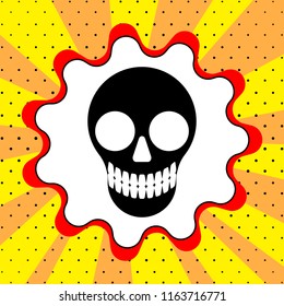 Skull and smile sign. Black icon in the bubble on a yellow background pop art. Vector.