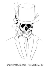 Skull smiles, smokes a cigarette, wearing a hat and tie. Baron Samedi. Gentlemen. Ink drawing. Detailed hand made illustration. Vector image. 