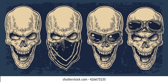 Skull smiling with bandana and glasses for motorcycle on forehead. Black vintage vector illustration. For poster dead day and tattoo biker club. Hand drawn design isolated on dark blue background