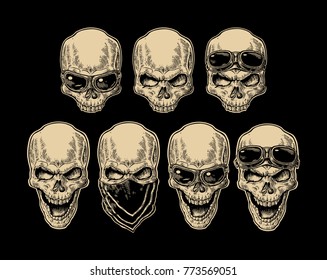 Skull smiling with bandana and glasses for motorcycle on forehead and eyes. Monochrome vintage vector illustration for poster and tattoo biker club. Hand drawn design element isolated on black found