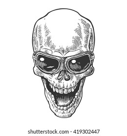 Skull smiling with glasses for motorcycle. Black vintage vector illustration. For poster and tattoo biker club. Hand drawn design element isolated on white background.