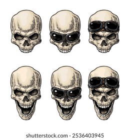 Skull smiling with glasses for motorcycle on forehead and eyes. Color vintage vector engraving illustration. For poster and tattoo biker club. Hand drawn design element isolated on white