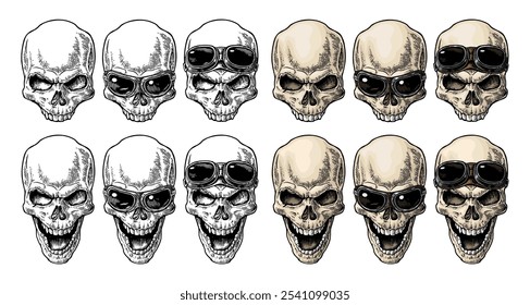 Skull smiling with glasses for motorcycle on forehead and eyes. Color vintage vector engraving illustration. For poster and tattoo biker club. Hand drawn design element isolated on white