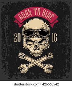 Skull smiling with glasses for motorcycle on forehead and bones. Black vintage vector illustration. For poster and tattoo biker club. Hand drawn design element isolated on dark background
