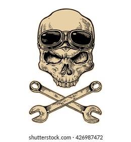 Skull smiling with glasses for motorcycle on forehead and wrench. Black vintage vector illustration. For poster and tattoo biker club. Hand drawn design element isolated on white background