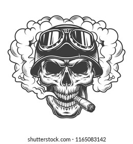 Skull in smoke cloud and biker helmet. Vector illustration