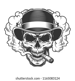 Skull in smoke cloud and bowler hat. Vector illustration