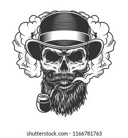 Skull in smoke cloud and bowler hat. Vector illustration