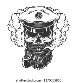 Skull in smoke cloud and captain hat. Vector illustration