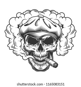 Skull in smoke cloud and classic wool hat. Vector illustration