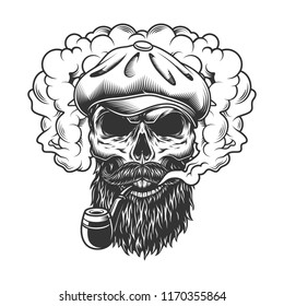 Skull in smoke cloud and classic wool hat. Vector illustration