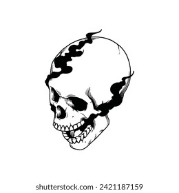 Skull in smoke cloud coming out from mouth isolated vector illustration. Design element for shirt design, logo, sign, poster, banner.