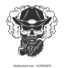 Skull in smoke cloud and cowboy hat. Vector illustration