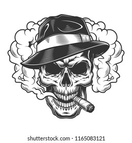 Skull in smoke cloud and fedora hat. Vector illustration