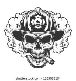 Skull in smoke cloud and firefighter helmet. Vector illustration