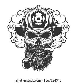 Skull in smoke cloud and firefighter helmet. Vector illustration