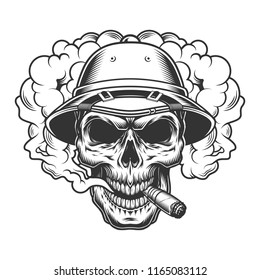 Skull in smoke cloud and safari hat. Vector illustration