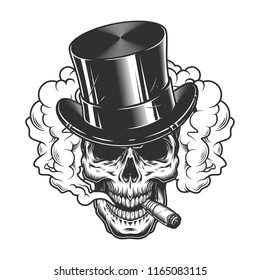 Skull in smoke cloud and top hat. Vector illustration