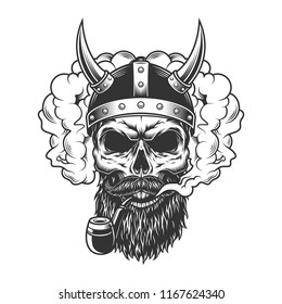 Skull in smoke cloud and viking helmet. Vector illustration