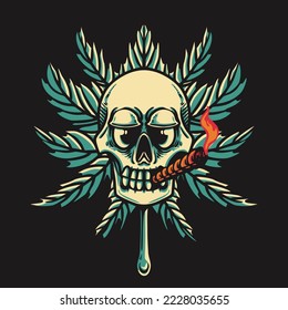 Skull Smoke Marijuana Vector Retro Illustration