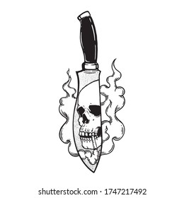reflejo del humo del cráneo en el cuchillo. diseño de tatuajes de ilustraciones vectoriales. trabajo de tinta negra de arte de línea. arte de puntos.