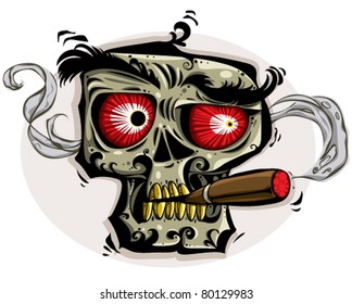 Skull Smoking Cigar. Skull With Angry Look, Red Eyes, Yellow Teeth And Cigar. Vector  Illustration.