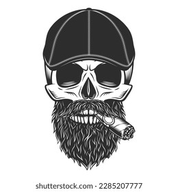 Skull smoking cigar cigarette and beard   mustache in gangster gatsby tweed hat flat cap vintage vector illustration