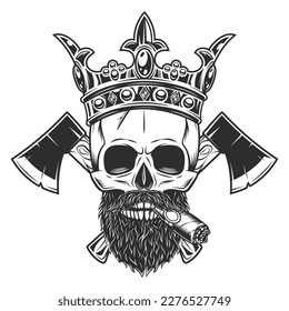 Skull smoking cigar or cigarette in crown royal king with mustache and beard and crossed wooden axe business woodworking or lumberjack emblem construction builder tool