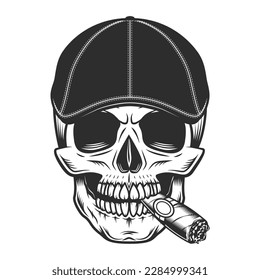 Skull smoking cigar or cigarette in gangster gatsby tweed hat flat cap vintage vector illustration