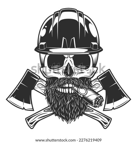 Skull smoking cigar or cigarette and hard hat helmet with mustache and beard and crossed wooden axe construction builder tool. Business woodworking or lumberjack emblem
